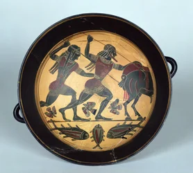 Interno di una coppa che raffigura la caccia al cinghiale di Calidone, Laconico, c.560 a.C.